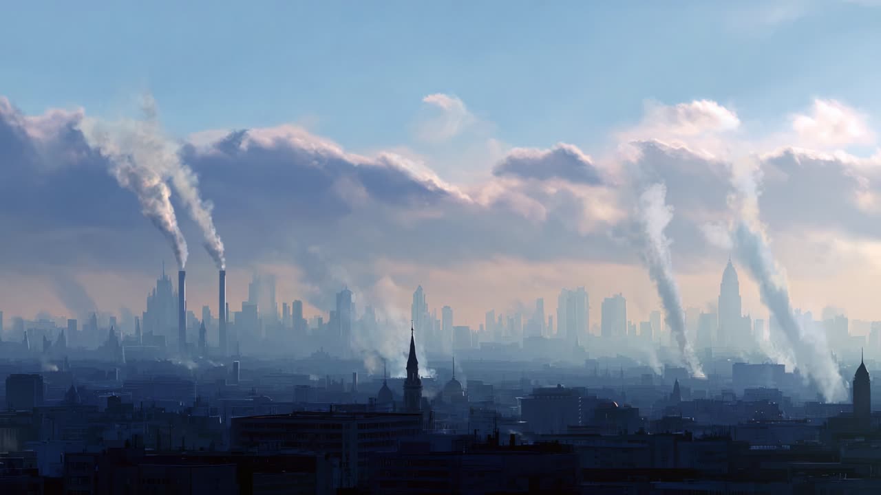 Dramatic Urban Skyline Showcasing Industrial Pollution with Smoke Emitting from Tall Chimneys Under a Cloudy Blue Sky in the Early Morning, Highlighting Environmental Concerns and Urban Life Challenges
