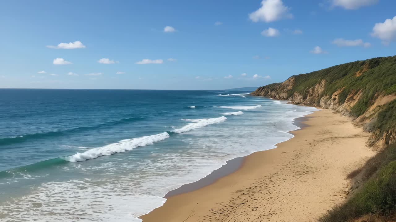 Une vidéo aérienne capture un littoral serein avec des vagues douces, du sable doré et des falaises luxuriantes