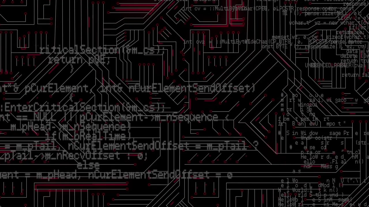 Grid pulsing sparking red highlights, code overlay growing and thinning for circuit process view