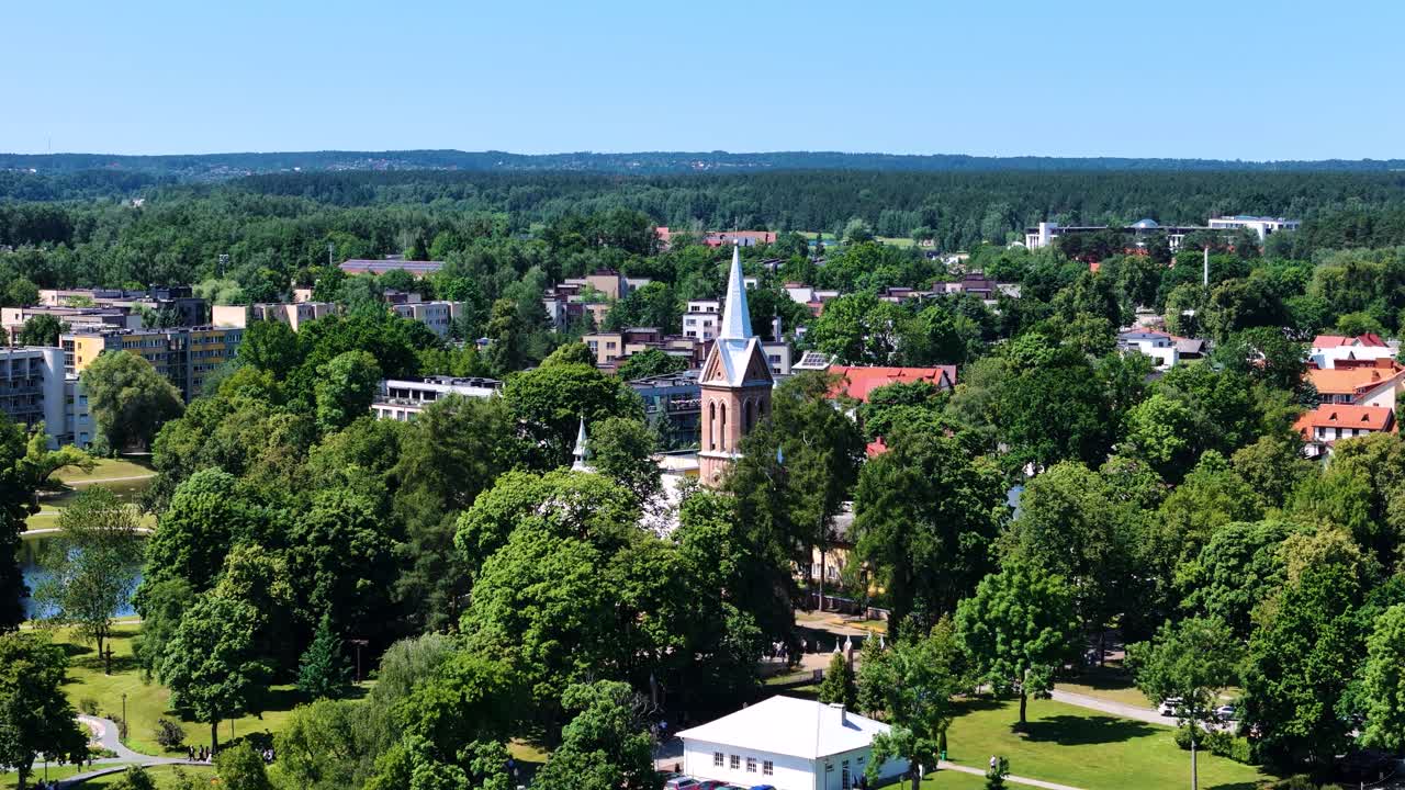 Birstonas township and church tower, aerial view