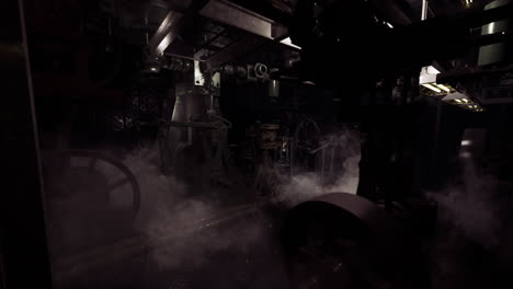 dramatic industrial setting with machinery shrouded in mist and light