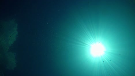 toma de sol desde el fondo de un lago con agua azul clara y transparente