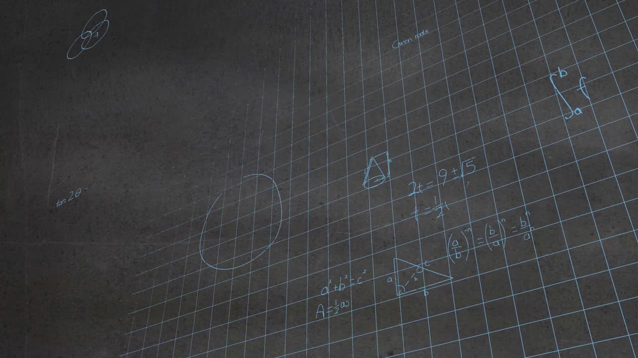 Animation of mathematical equations and formulas over grid network against textured grey background