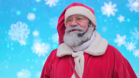 Old Grayhaired American Santa Claus Talking into a Microphone Standing on a Christmas Background Old Grayhaired American Santa Claus Talking into a Microphone Standing on a Christmas Background Santa Claus Wishes People a Merry Christmas