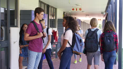 compañeros de clase adolescentes de pie hablando en el pasillo de la escuela secundaria