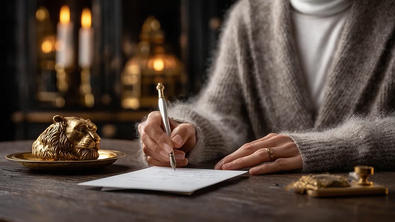 A Thoughtful Gesture: Capturing the Essence of Reflection and Creativity as a Person Writes with Elegance and Intent in a Cozy, Warm Atmosphere