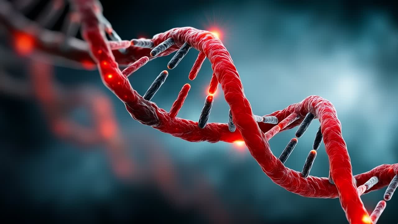 Rendering 3D dettagliato di una struttura a doppia elica del DNA con punti rossi luminosi in uno spazio biologico.
