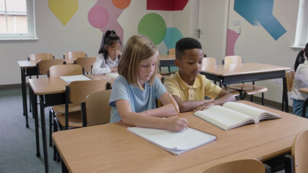 Defter ve ders kitaplarıyla çalışan, ön sıradaki sınıfta yazıp okuyan öğrencileri gösteren panlama.