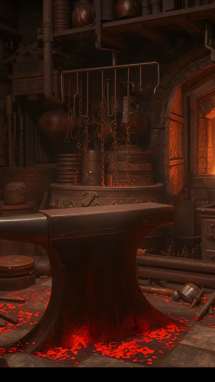 Vertical video: Drifting camera at start revealing smithing anvil in forge, exposing furnace embers