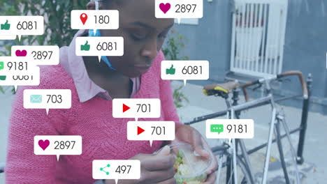 animation of media notifications over african american woman eating in city street