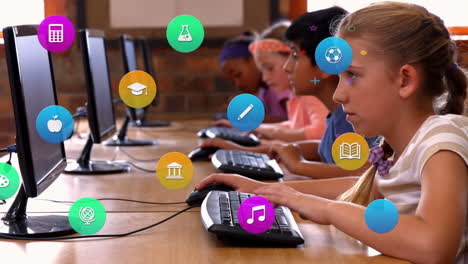Animation of colorful icons over diverse schoolchildren using computers