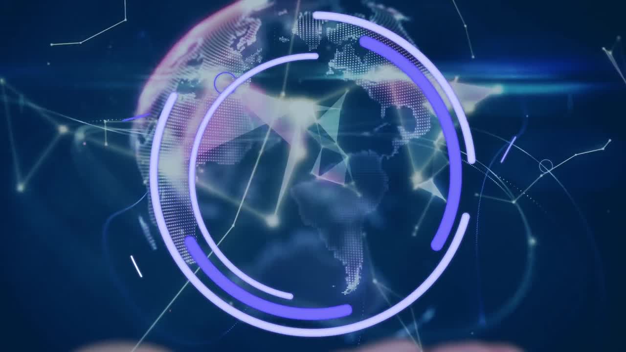 다양한 모양의 애니메이션, 백인 여성의 손 위에 회전하는 눈과 지구