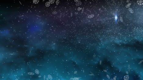 Animación-Digital-De-Iconos-De-Copos-De-Nieve-Flotando-Contra-Una-Estrella-Fugaz-Sobre-Fondo-Azul