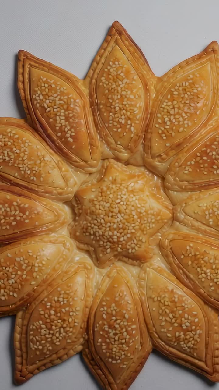 Vertical video: Shifting camera cropping inward on white table, revealing sesame star-shaped pastry