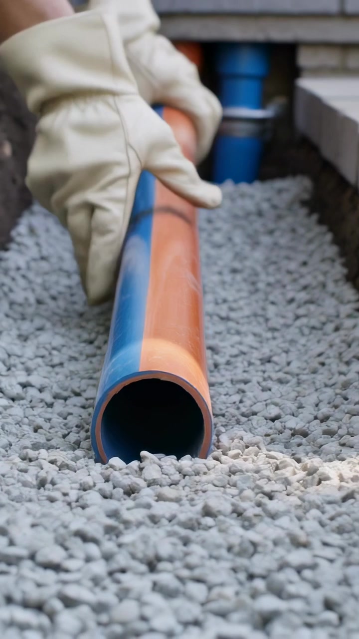 Vertical video: Lowering gloved hand aligning orange-blue pipe on gravel toward stubs in trench