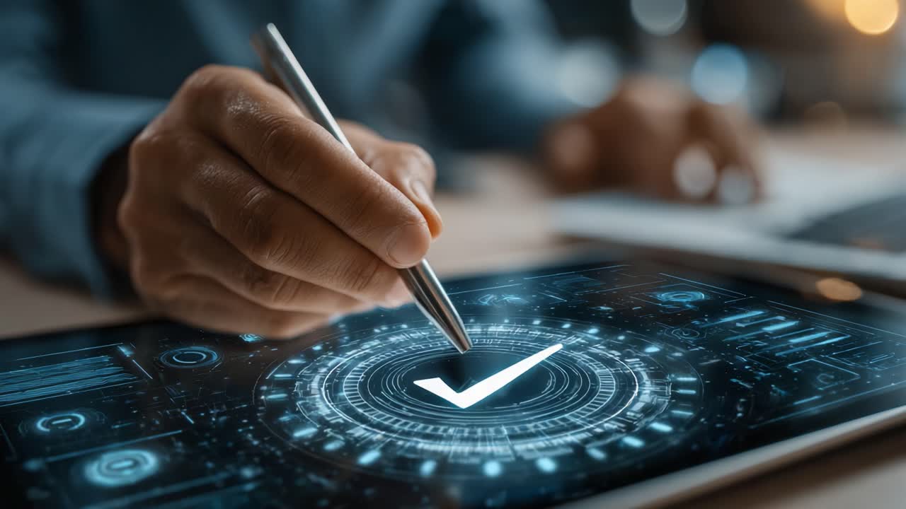 A Professional Hand Using a Stylus on a Digital Tablet, Successfully Confirming an Action with a Dynamic Checkmark and Futuristic Interface Elements
