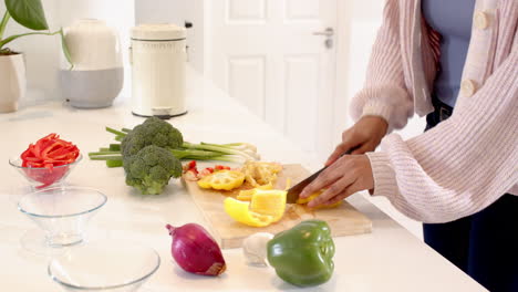 woman chopping vegetables in kitchen, preparing fresh ingredients for cooking, copy space