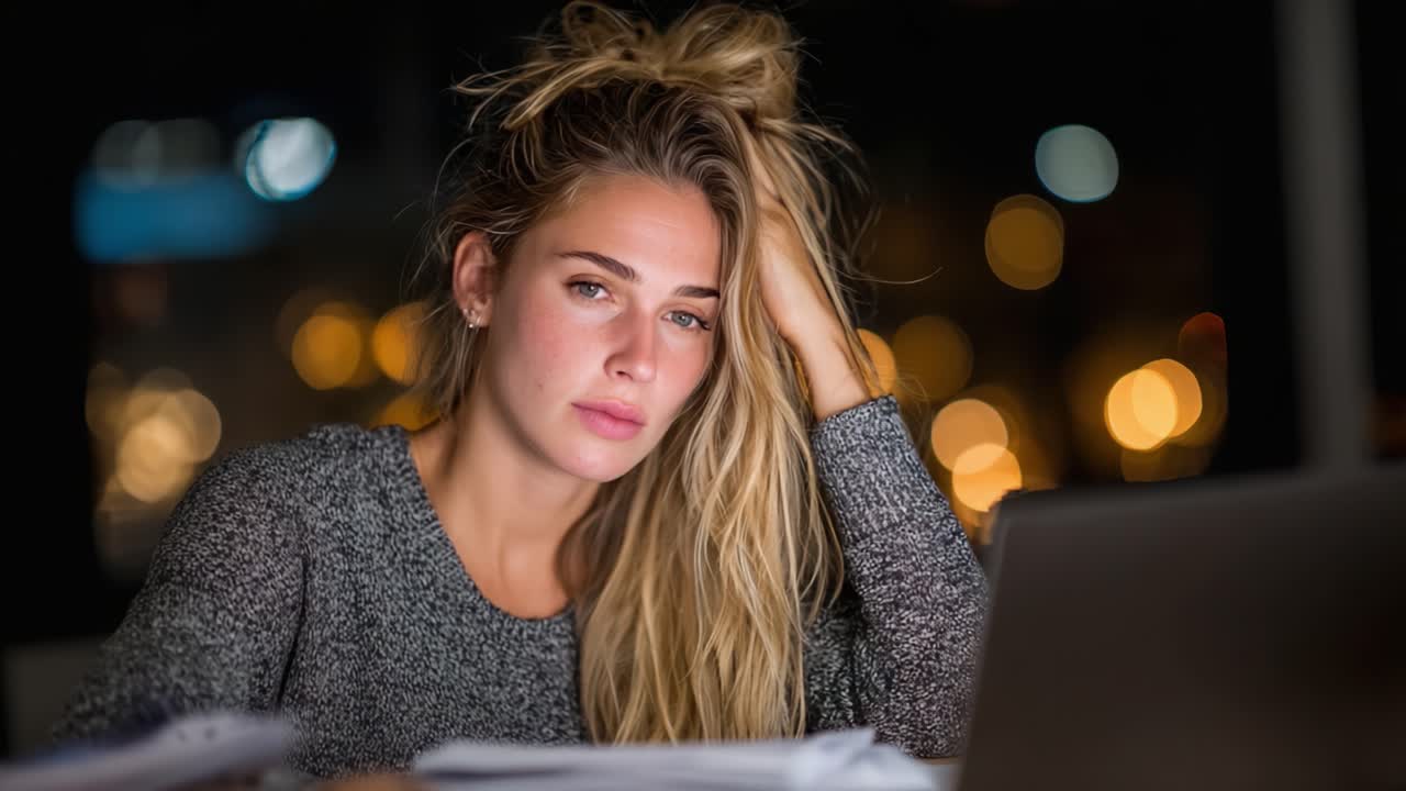 Una giovane donna concentrata contempla mentre lavora a tarda notte, circondata da luci bokeh soffuse e intenta al suo laptop.