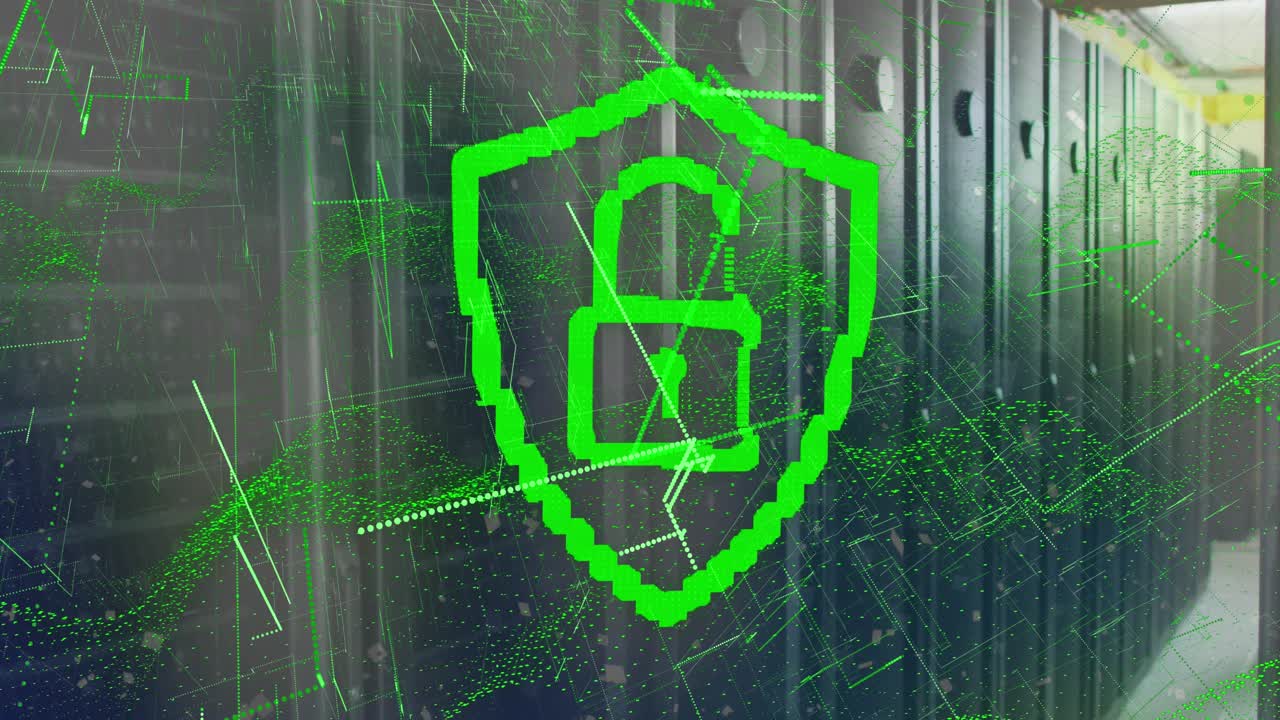Animation of online security padlock and data processing over computer servers
