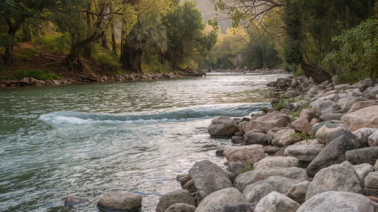 Onda bassa che avanza a valle lungo il fiume presso la riva destra poco profonda, rimodellando il letto del fiume