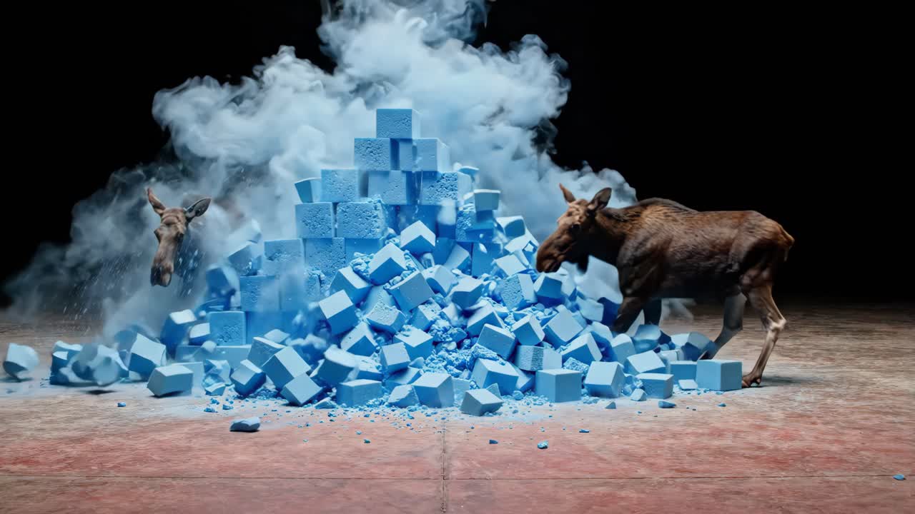 Moose Destroys Blue Pyramid of Blocks with Powder Explosion