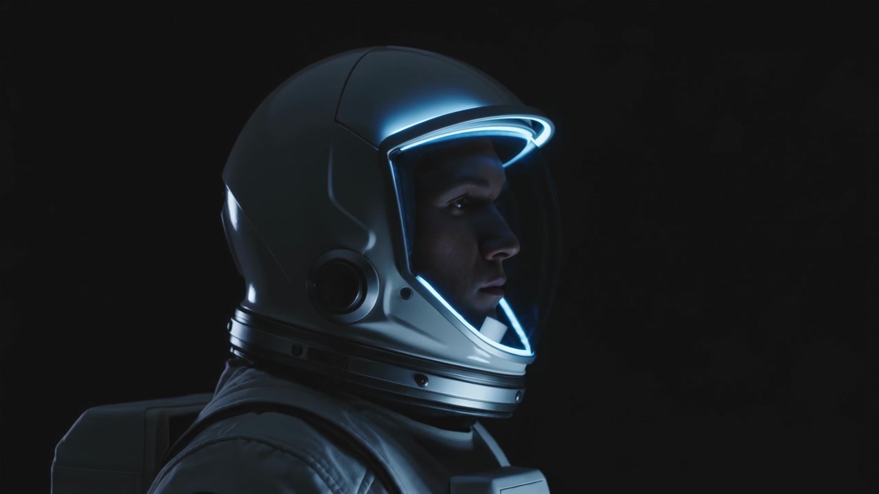 In risposta all'illuminazione del bordo LED, un astronauta maschio con casco si inclina, rivelando la mascella in studio.