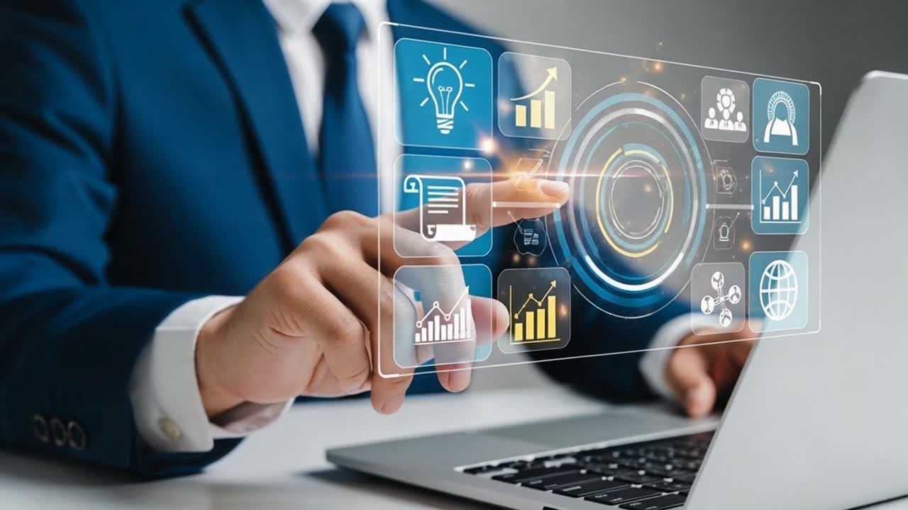 Businessman Interacting with a Business Intelligence Dashboard on a Virtual Screen