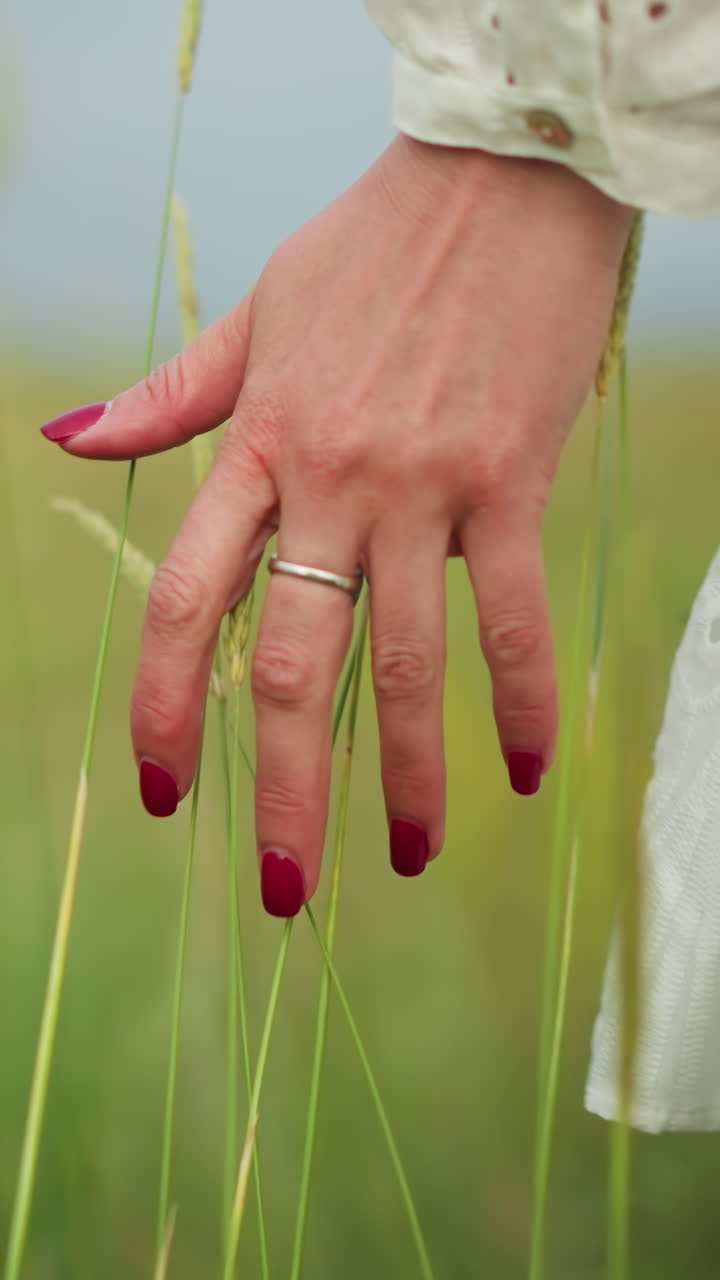 крупный снимок женской руки с красным лаком для ногтей, нежно пасущейся на высоких травах в спокойном поле. она носит белое, узорчатое платье, а серебряное кольцо украшает ее палец