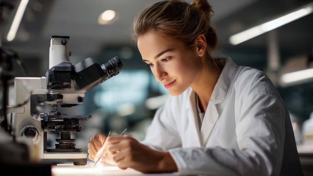 Focused and Engaged Scientist Conducts Detailed Research with Microscope in a Laboratory Setting, Displaying Dedication to Scientific Exploration and the Pursuit of Knowledge, Capturing the Essence of Modern Science