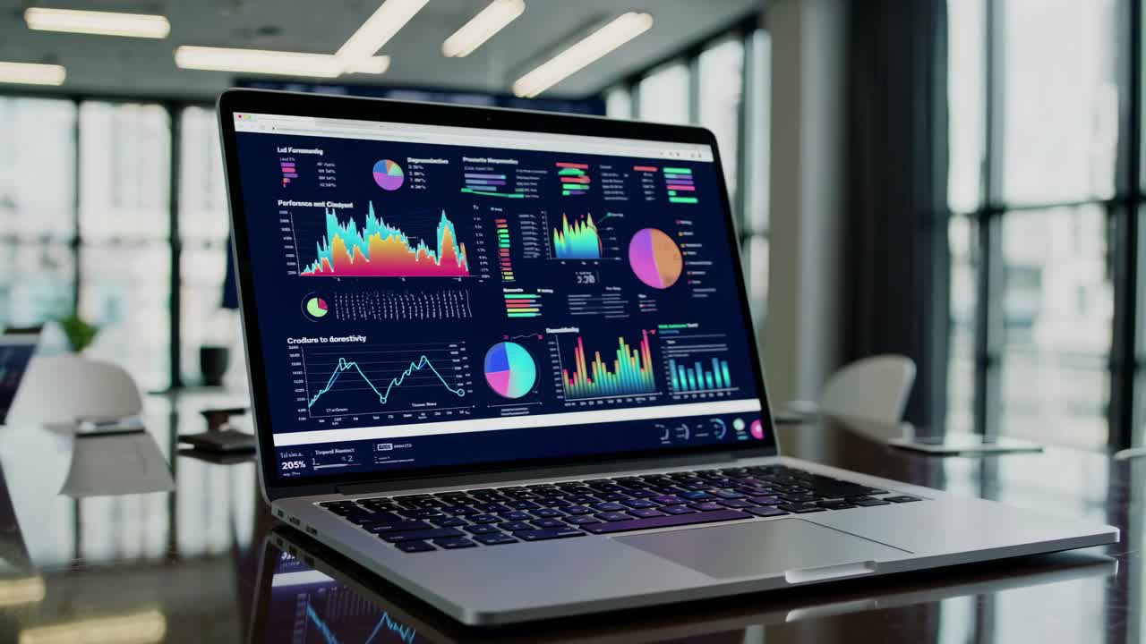 High-angle shot of a laptop displaying colorful data analytics on a sleek desk, capturing a modern