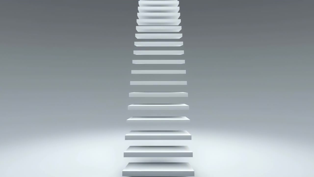Floating White Steps Ascending Into Haze, Serene Monochrome Studio Scene With Evenly Spaced Floating Platforms