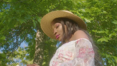 Black-Woman-adjusting-hair-on-picnic-in-park-looking-away-low-angle-circling