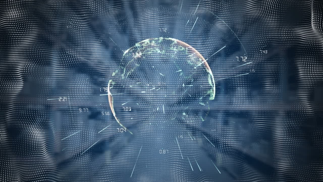 Animation of waves, coordinates and globe on navy background