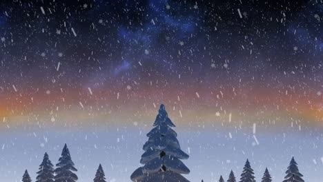 Animation-of-snowflakes-falling-over-winter-landscape-with-tall-trees