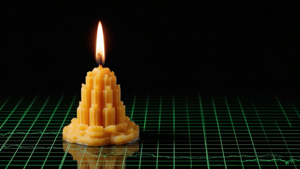 A beautifully crafted yellow candle stands tall, illuminated by a vibrant flame, set against a dark backdrop and a grid pattern, evoking warmth and tranquility