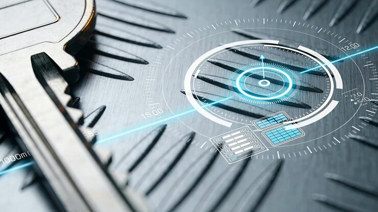 Appearing HUD scanning treadplate beside key, confirming key identity with cyan beam, copy space