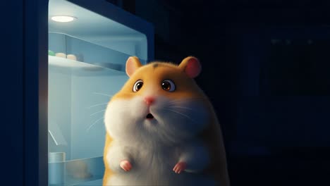 a curious hamster stands in front of an open refrigerator, gazing at the contents inside, portraying an adorable expression of surprise and wonder in a darkened room