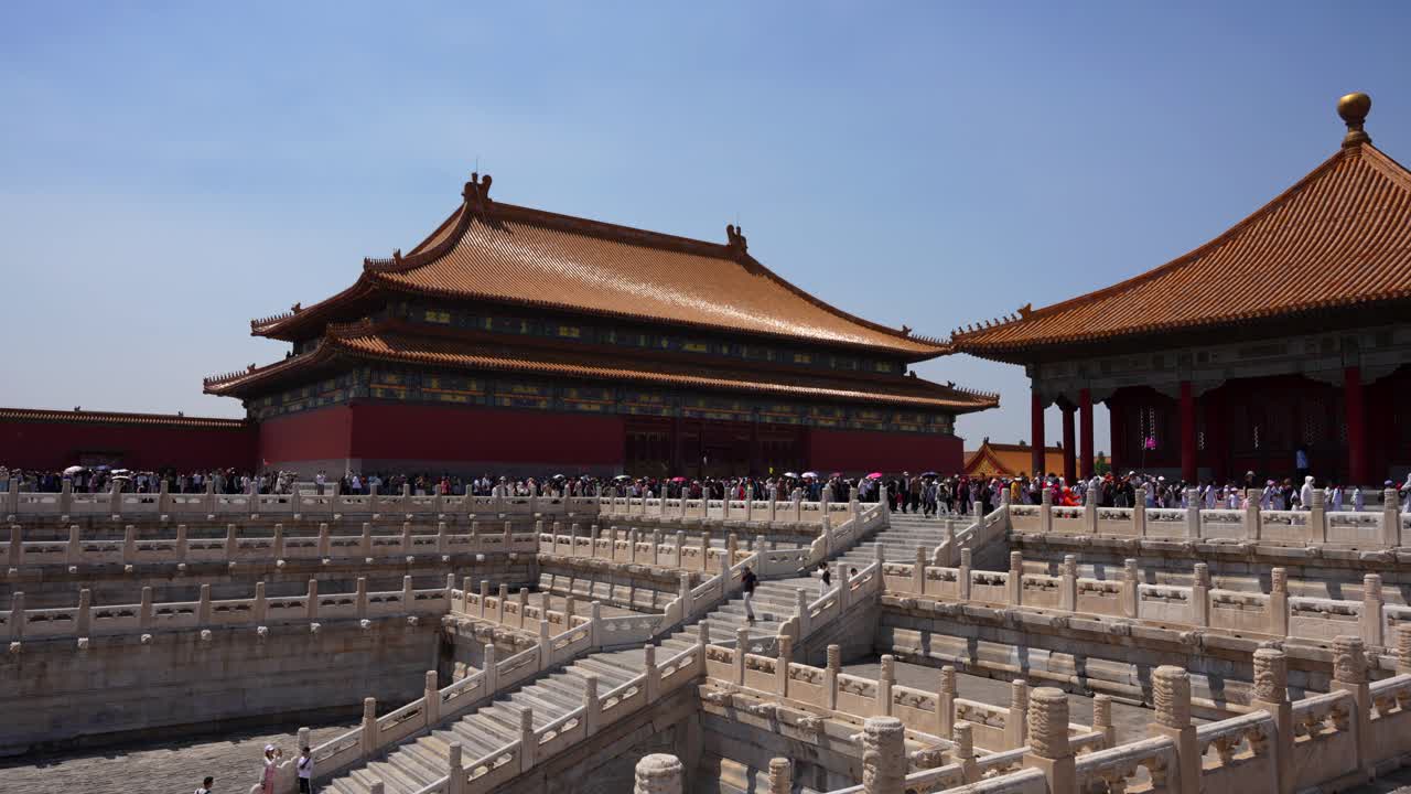 Crowds of tourists visiting Forbidden City building complex in Beijing