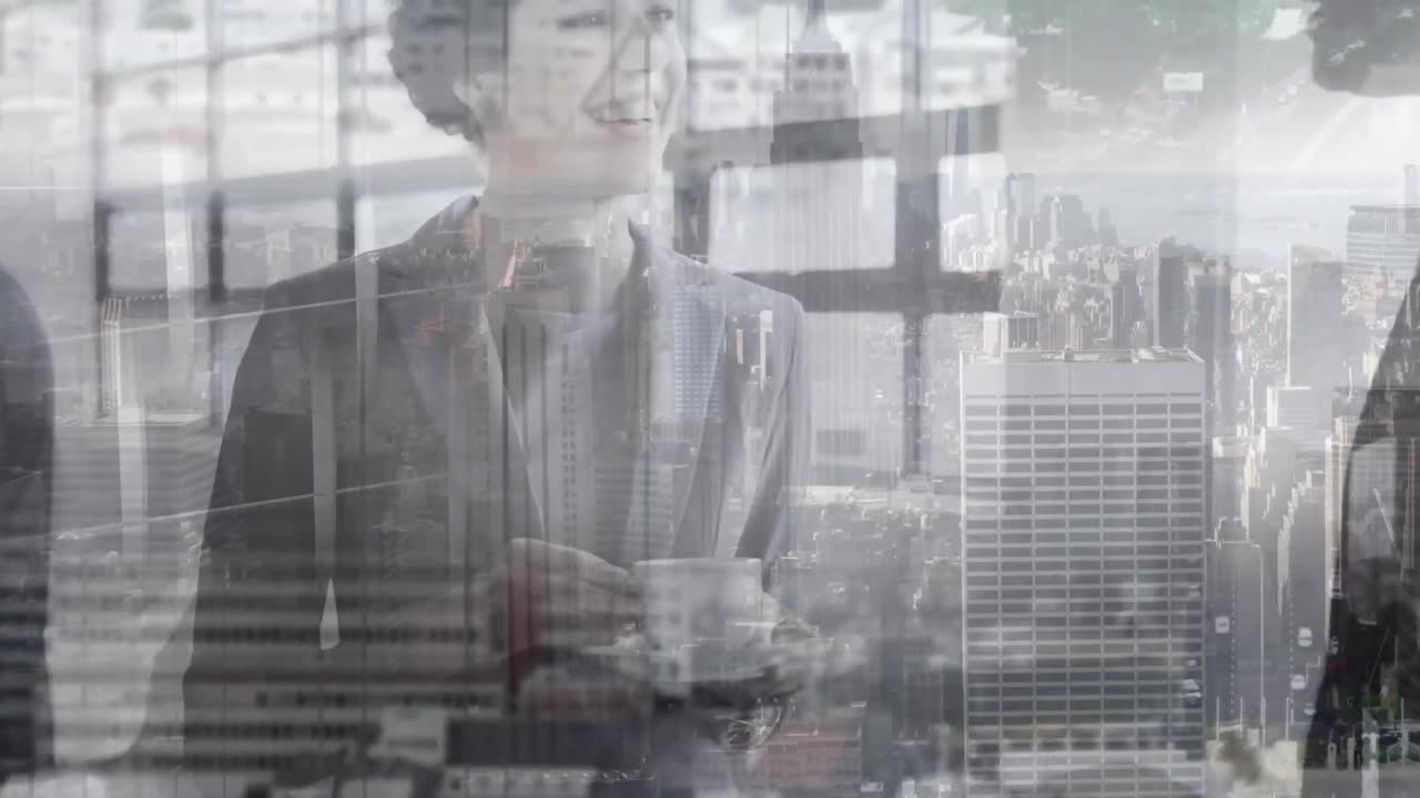 백인 동료 들 이 도시 풍경 에서 차 를 마시면서 대화 를 하고 있는 애니메이션