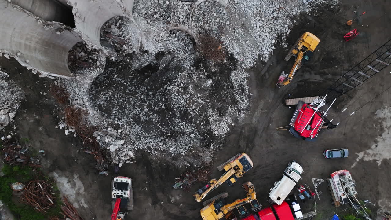 Aerial birds eye view over the wreck down area of the Damen Silos, in Chicago