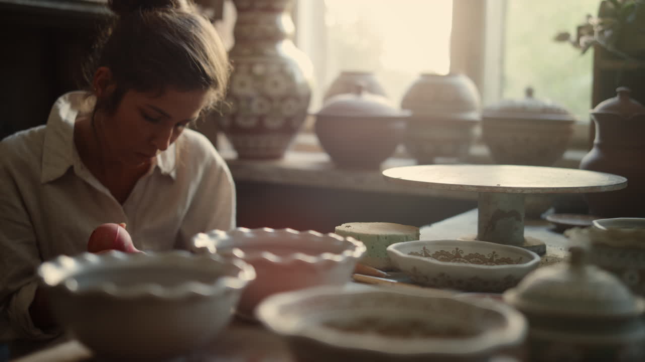 화가 는 도자기 에서  ⁇ 비 에 그림 을 그리는 데 초점을 맞추었다. 여자 는 점토 제품 을 장식 하고 있다