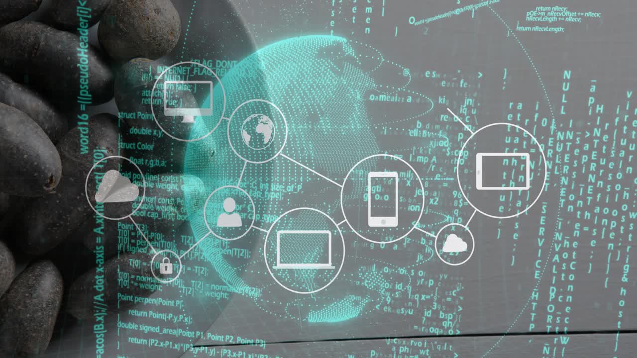Turquoise dot-matrix globe rising above dirty hand, spawning icons linking and forming network map