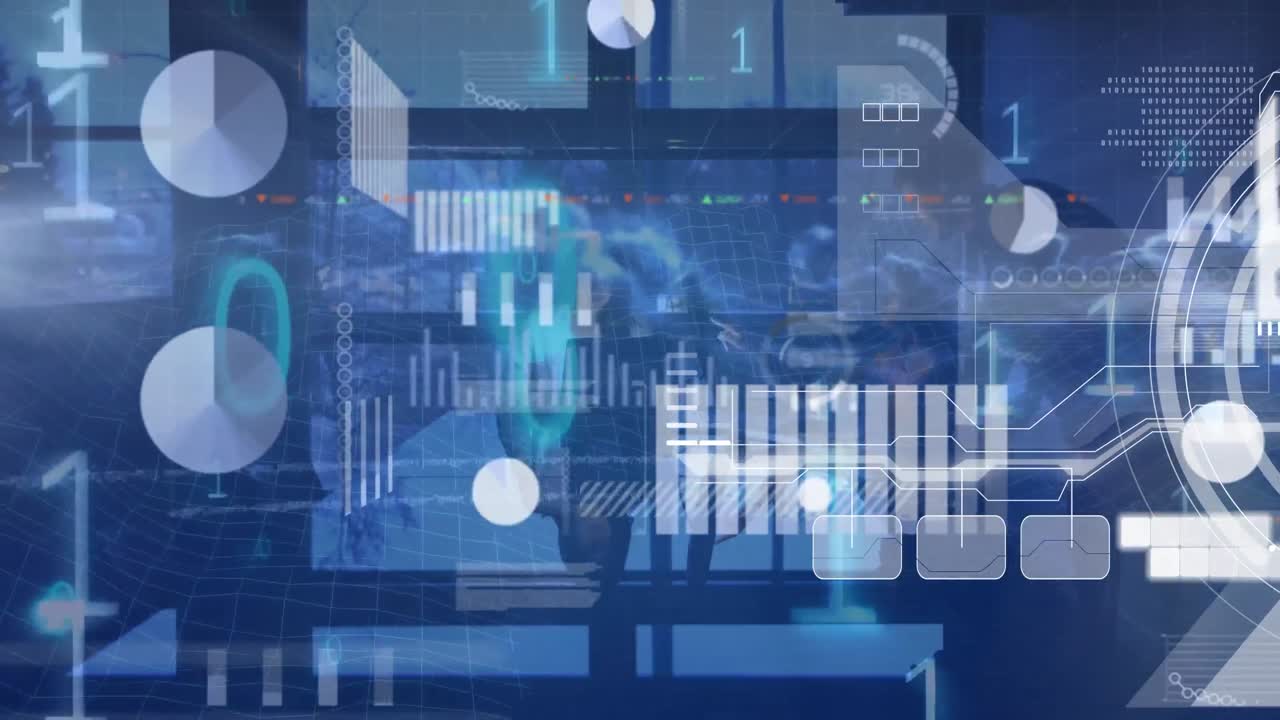 Animation of binary coding and screens with data processing against businesswoman using laptop