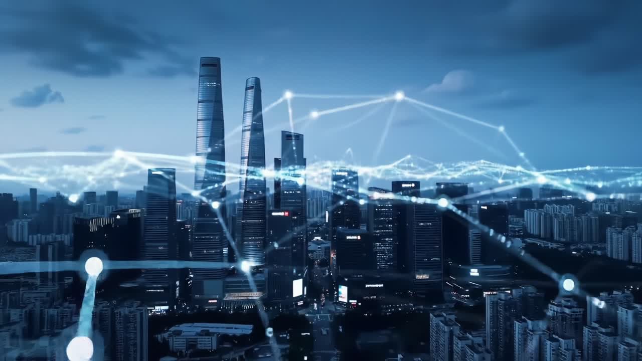 A Captivating Perspective of an Urban Skyline Enhanced by Digital Connectivity at Dusk, Showcasing Towering Structures and a Network of Lights Glimmering in the Evening Sky