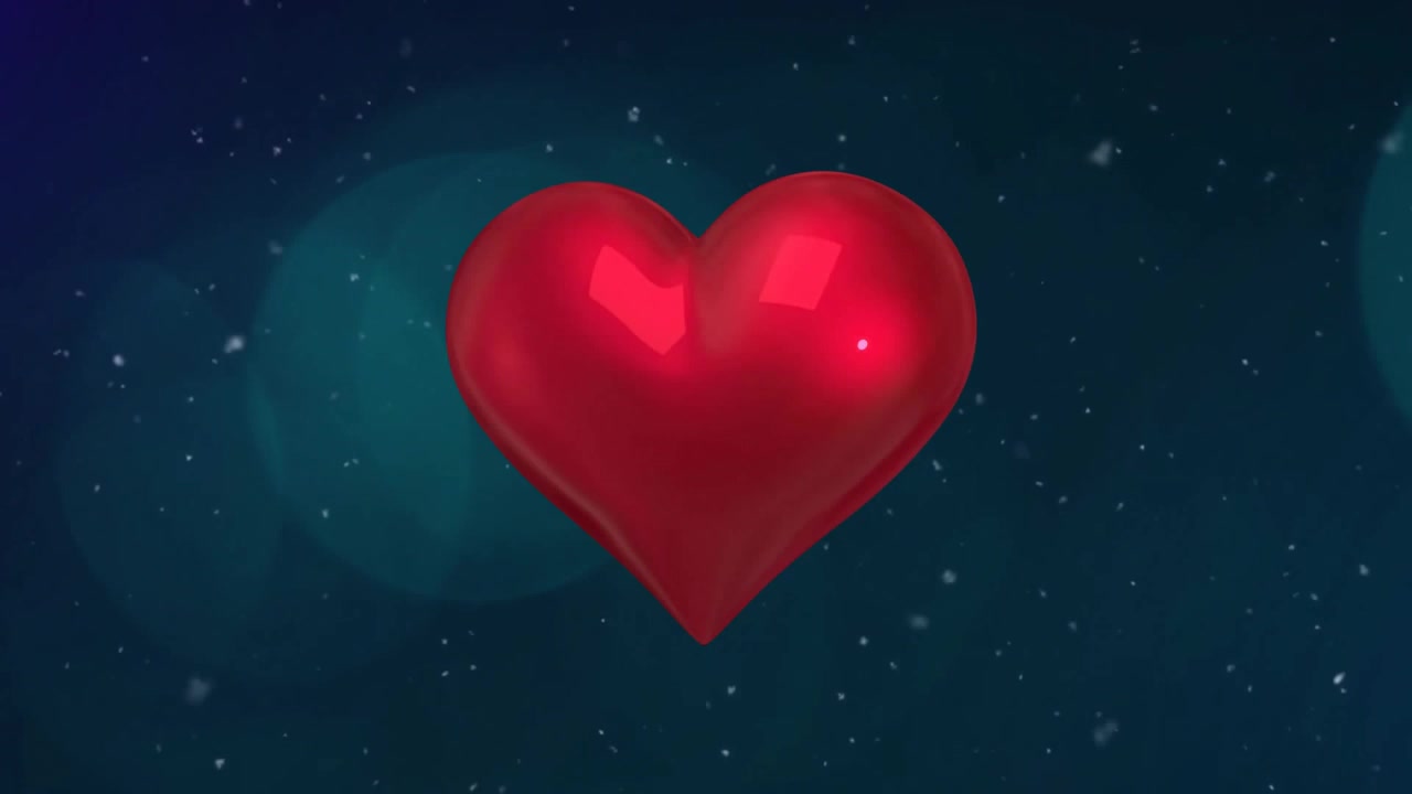 Ved åbning af et blankt rødt 3D-hjerte, der roterer med svævende partikler og bokeh for en flydende atmosfære.