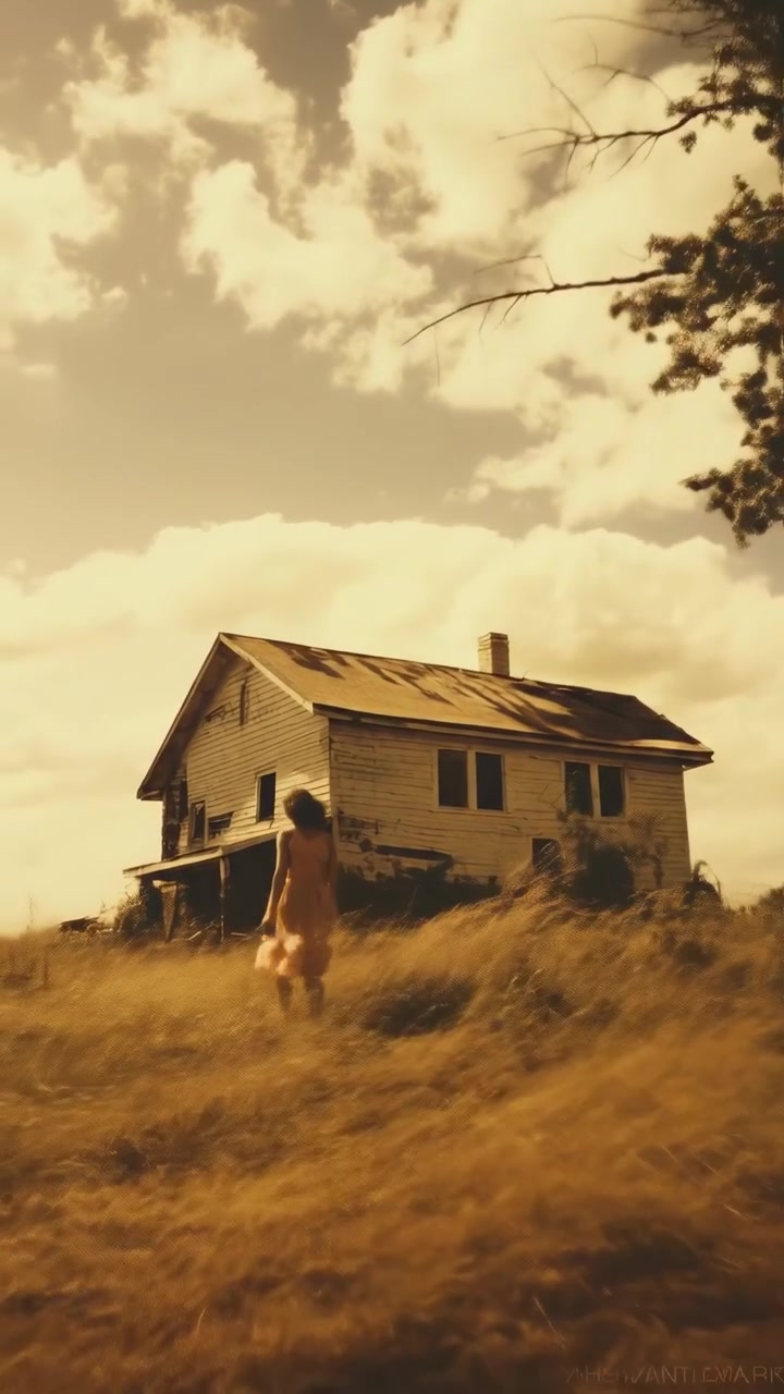 Woman Walking Toward Abandoned House in Field