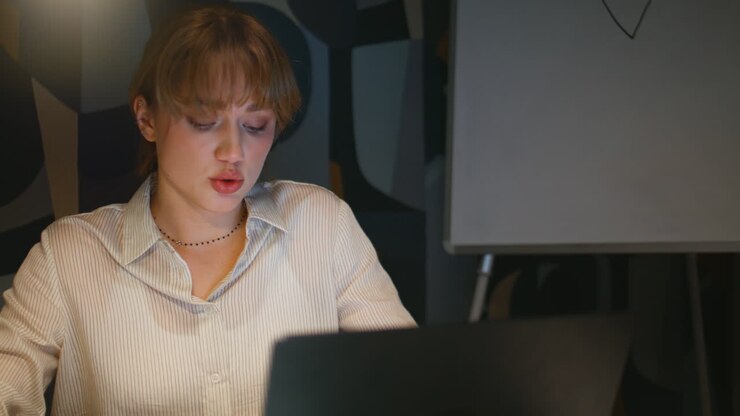 Nahaufnahme einer älteren Geschäftsfrau, die in ihrem Büro mit einem Laptop sitzt und ein Online-Interview gibt