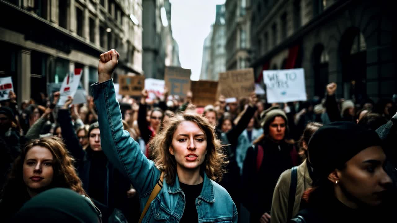 A dynamic protest scene with diverse female participants holding signs, capturing unity and women's