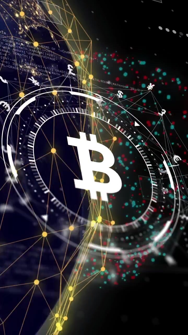 Simbolo Bitcoin con rete digitale e animazione di elaborazione dati su globo