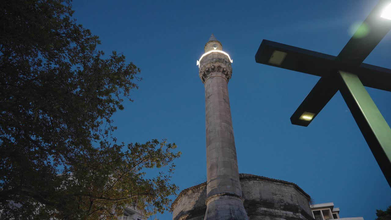 Night shot at the foot of the Great Mosque of Durres with blue hour sky in Durres, Albania, wide shot